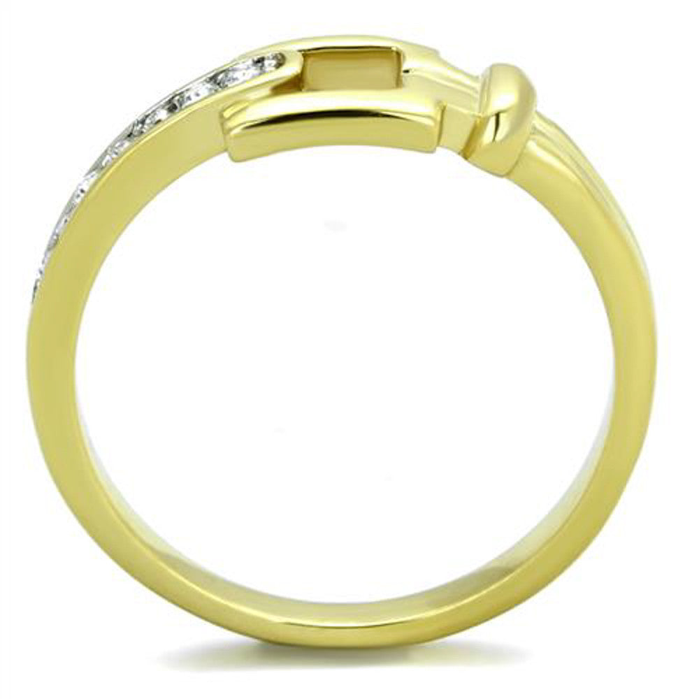 ARTK2164 14k Gold Ion Plated Stainless Steel Buckle & Crystal Fashion Ring Women's Sz 5-10